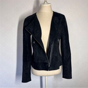ecru Black Suede Asymmetrical Zip Moto Jacket